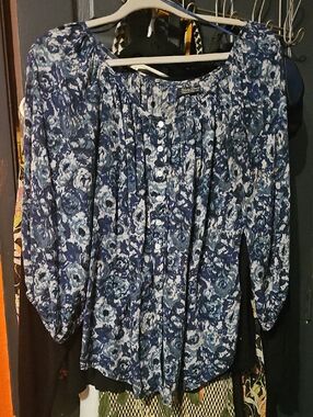 Lucky Brand Navy Blue Floral Button-Front Peasant Blouse